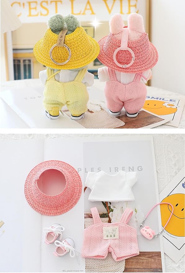 5 Pcs/Set 15-17cm Doll Clothes for Labb Rabbit Bunny, Lovely Girly Doll Clothing Straw Hat+Overalls+T-Shirt+Handbag+Canvas Shoes, Fashionable Outfit for Dress up, Doll Costume Fashion Dresses -Blue