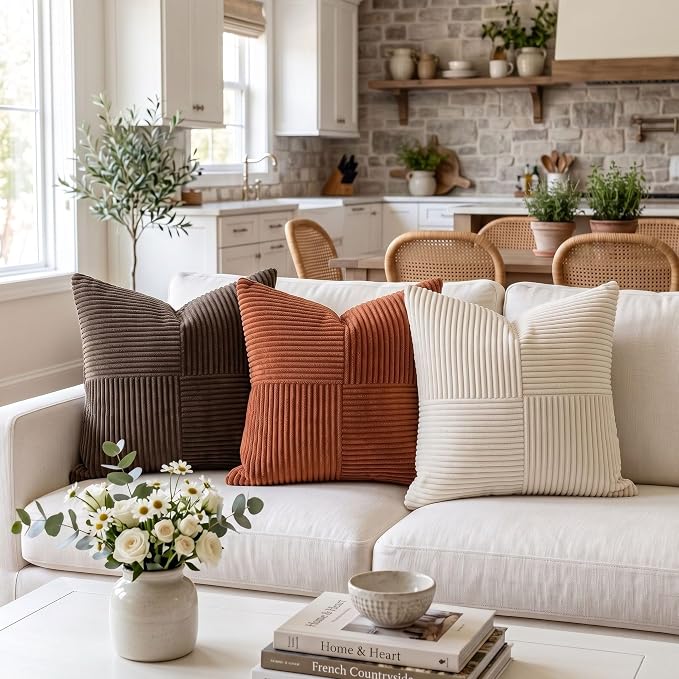 Fancy Homi 2 Packs Rust Decorative Throw Pillow Covers 16x16 Inch for Living Room Couch Bed, Rustic Farmhouse Boho Home Decor, Soft Corss Patchwork Corduroy Square Terracotta Cushion Case 40x40 cm