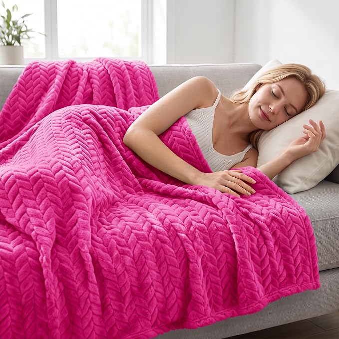 Exclusivo Mezcla Soft Fleece Bed Blanket King Size, 90”x104”, Hot Pink | Cozy Fluffy Lightweight Blankets for Summer, Decorative Plush Flannel Throws for Living room, Bedroom with Leaves Pattern