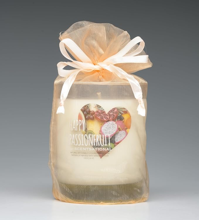 Scentsational Happy Passionfruit Soy Candle, 11 oz Glass Jar, Gift Wrapped with Ribbon, Natural Essential Oils