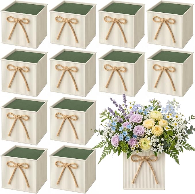 12 Pack Galvanized Square Vases with Floral Foam, 3.5 inch Waterproof Rustic Tin Buckets with Twine Bows, Mini Farmhouse Metal Planter Centerpieces for Wedding Party Table Decor (Beige)