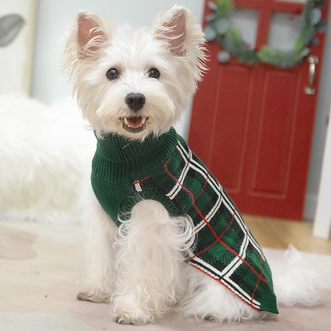 PUPTECK Dog Sweaters for Large Medium Small Dogs - Fall Classic Plaid Style Puppy Holiday Winter Coat Clothes Warm, Green, S