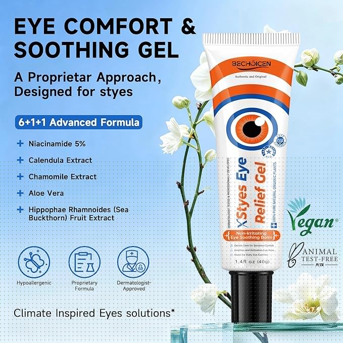 BECHOICEN Stye Eye Relief Gel with Tea Tree Oil,Calendula & Vitamin E–Gentle Soothing Serum for Styes,Chalazion & Blepharitis,Soothing Eyelid & Under Eye Care for Redness,Irritation & Puffiness,1.4oz