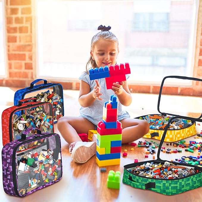 5 PCS Toys Storage Bags for kids,Travel Organizer Pouch Case for Lego Bricks, Puzzles, Building Blocks,Waterproof Colorful Print Design with Handle (Transparent)