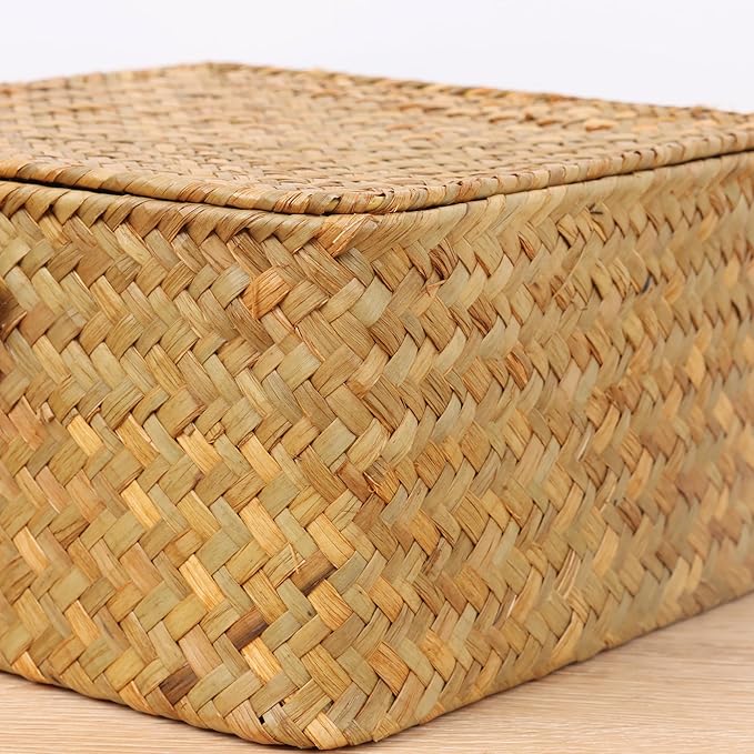 Moosky Wicker Shelf Baskets with Lid, Handwoven Seagrass Storage Basket Bins Square Gift Boxes for Shelves Home Decor Organizer (Natural, Set of 4)