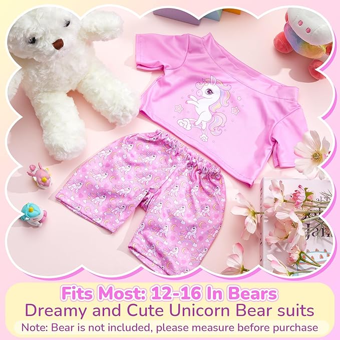 2 Pcs Bear Clothes Outfit Fit Most 12-16 Inch Stuffed Clothing Cute Plush Doll Clothes Plushy Bear Pajamas for Stuffed Make Your Own Plush Bears(Unicorn Style,Pink)