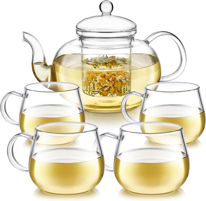 Teabloom Heatproof Glass Teapot Set with Removable Loose Tea Infuser (Standard Size: 32oz/946ml) and Four Borosilicate Glass Teacups (7oz/207ml) - Lead-free Complete Tea Set