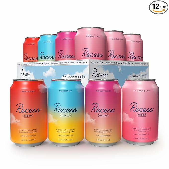 Recess Mood Magnesium & Adaptogen Drink, Relaxation Beverage, 12 Ounce (Paradise Sampler Variety Pack, 12 Pack)