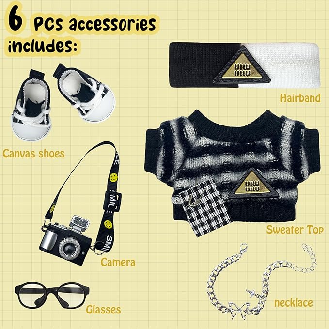 17cm Doll Clothes 6 PCs Accessories Outfits Black Shoes Sweater Glasses Hairband Camera Necklace Clothing Set for Keychain,No Doll(Black)