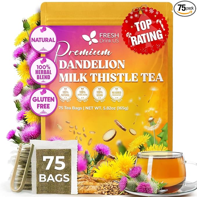 FreshDrinkUS, Premium Dandelion Milk Thistle Herbal Tea | 75 Tea Bags | Herbal Blend with Dandelion Root & Milk Thistle Seed – Clean Plant-Based Daily Tea, Naturally Caffeine Free. Sugar Free. Vegan
