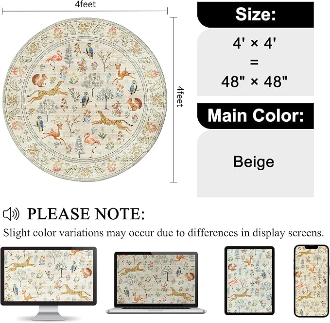 DUKINO 4ft Round Rug, Washable Animal Small Round Area Rug Non Slip, Beige | Low Pile, Soft, Non-Shedding Indoor Circle Carpet for Bedroom, Entryway, Living Room, Farmhouse, Pet Friendly, Lightweight