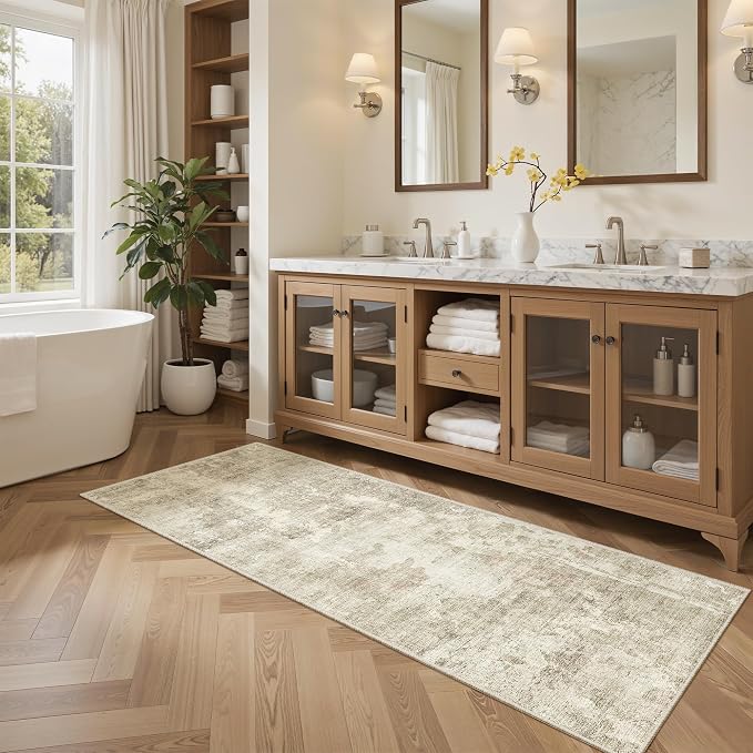 Soalmost Abstratc Runner Rug 2x5 Washable Kitchen Entry Runners Beige/Gray | Non-Slip Low-Pile Rugs for Bathroom Laundry Room, Vintage Foldable Floor Carpet Mat Hallway Entryway for Corridor Bedroom