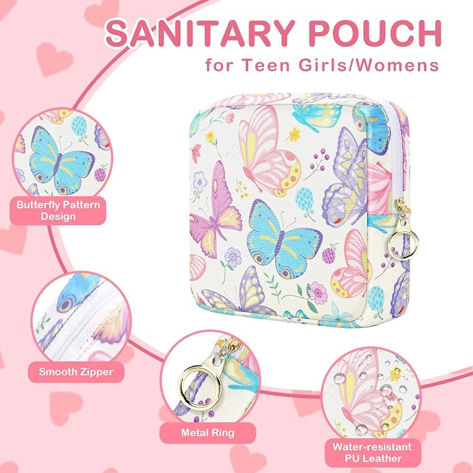 Likesing Period Bag Pouch, Canvas Sanitary Napkin Storage Bag for Girls Womens, Portable Sanitary Napkin Period Pad Pouch Bag for Purse, Small Make Up Bags(Black Butterfly)