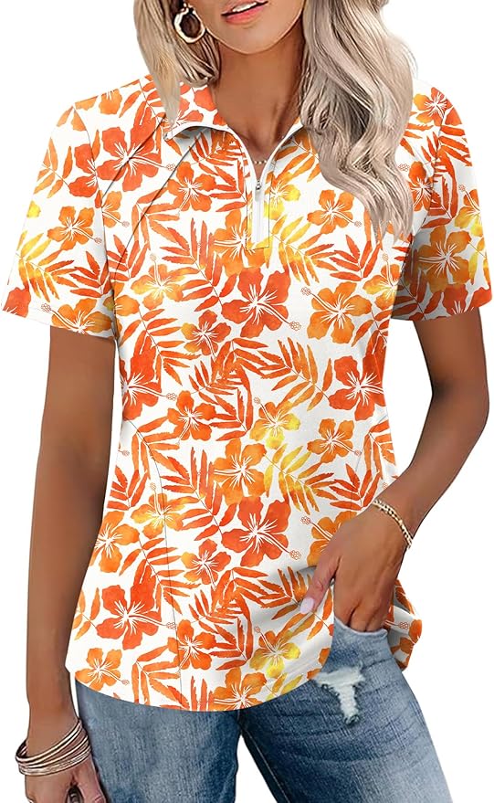 LOMON Womens Golf Polo Shirt Summer Short Sleeve Quarter Zip Outfit | Side-Pockets,Princess Seams,Cotton,Wrinkle Free,Moisture Wicking,Quick-Dry,Lightweight,Collared,for Tennis Workout