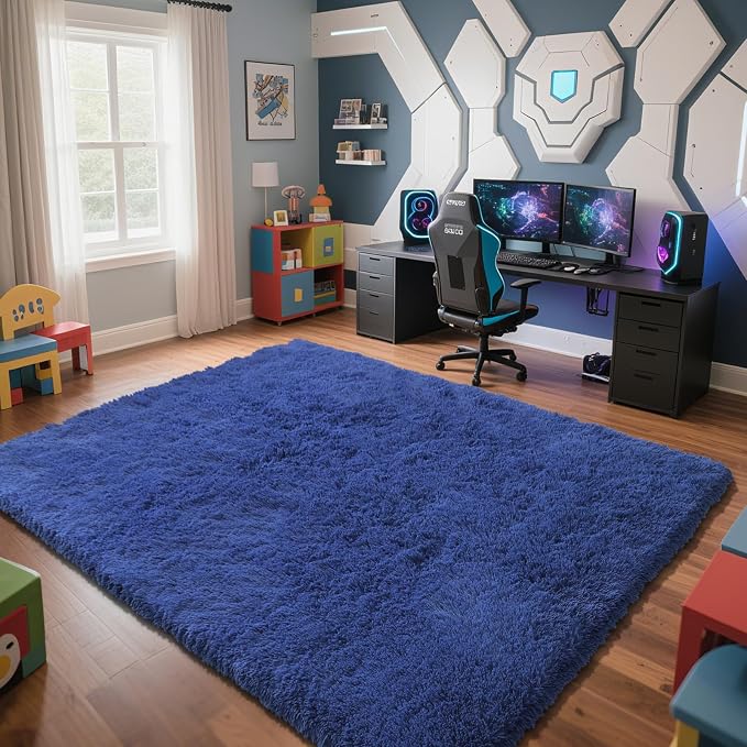 Blue Fluffy Rug Shag Area Rug, 8x10 Area Rugs for Girls Bedroom, Big Soft Shag Bedside Non-Slip Plush Dorm Carpet Home Decor Aesthetic