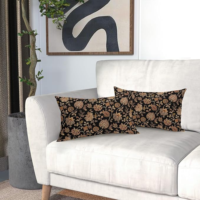 Black Brown Floral Lumbar Pillow Covers 12X20 Inch Set of 2 Vintage Boho Carpet Flowers Decorative Pillow Cases Leaves Plant Cotton Linen Cushion Case Farmhouse Home Decor For Sofa Couch Living Room