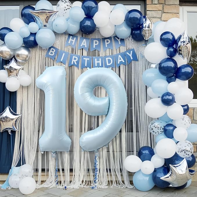 Foil 19 Balloon, Light Baby Blue Big Number 19 Balloons for Boy Birthday Party Decor, 40 Inch Helium Self Inflating Number 19 Pastel Sky Blue Balloon for Men 19th Birthday Party Anniversary Decoration