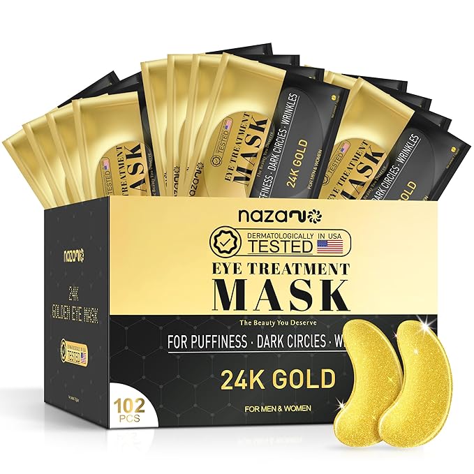 NAZANO 102 Pcs 24K Gold Under Eye Patches for Puffy Eyes, Dark Circles, Bags & Wrinkles with Sodium Hyaluronate - Eye Care Pads for Daily Skincare