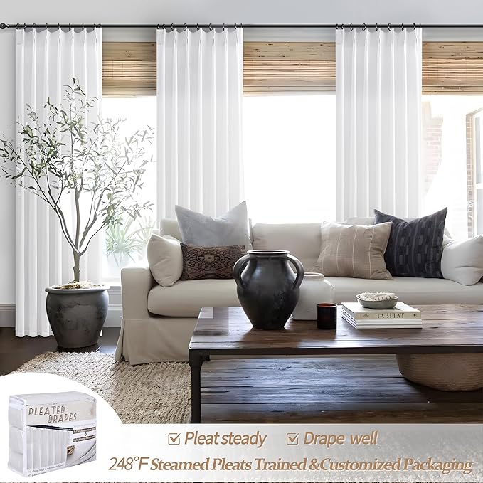 PleatedDrapes White Curtains 90 Inches Long, Pretty Closet Linen Curtain for Open Closet/Living Room Standard Window Curtain Lengths Coastal Light Filtering Semi Sheer Burgs 2 Panels Set (W40 xL90)