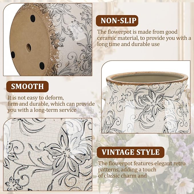 Ceramic Scroll Planter 6.5 Inch Chinoiserie Floral Vase with Drainage Holes Vintage Flower Vase Flower Pot Rustic Ceramic Pots for Indoor Plants Garden Home Bookshelf Decor(Gray Camellia)