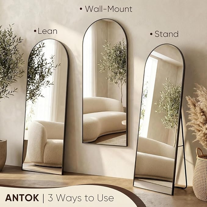 Antok 82" x44” Arched Full Length Floor Mirror, Black Aluminum Frame, Free Standing/Wall Mount/Leaning for Bedroom, Living Room, Dressing Room