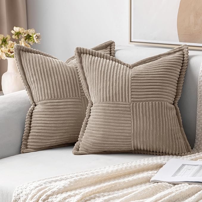 MIULEE Decorative Throw Pillow Covers for Couch 16x16 Inch Light Brown | 2 Pack, Boho Broadside Striped Patchwork Pillow Covers, Soft Corduroy Cushion Cases, For Sofa Bed Livingroom Home Decor