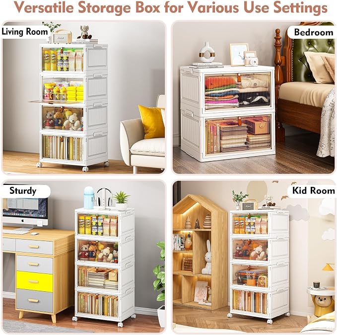 CTSNSLH 4 Tier Plastic Storage Bins with Lid 32QT - Stackable Storage Bins | Organizers and Storage with Wheels, Plastic Storage Cabinet Organization and Storage for Living Room,Office,Dorm