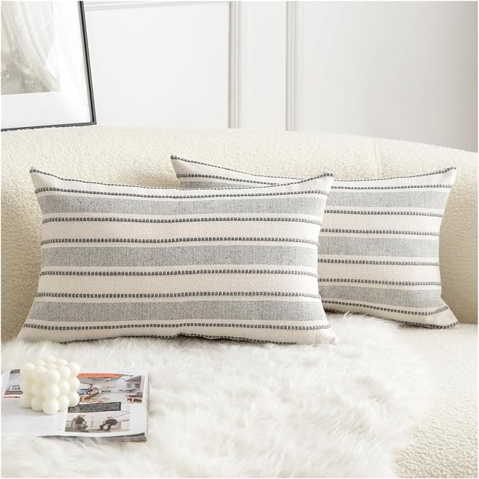 Cethom Decorative Boho Lumbar Throw Pillow Covers, Farmhouse Textured Pillow Case, 12 x 20 Inch Set of 2, Chair Sofa Bedroom Living Room Home Decor Couch Cushion Case, Grey and Beige