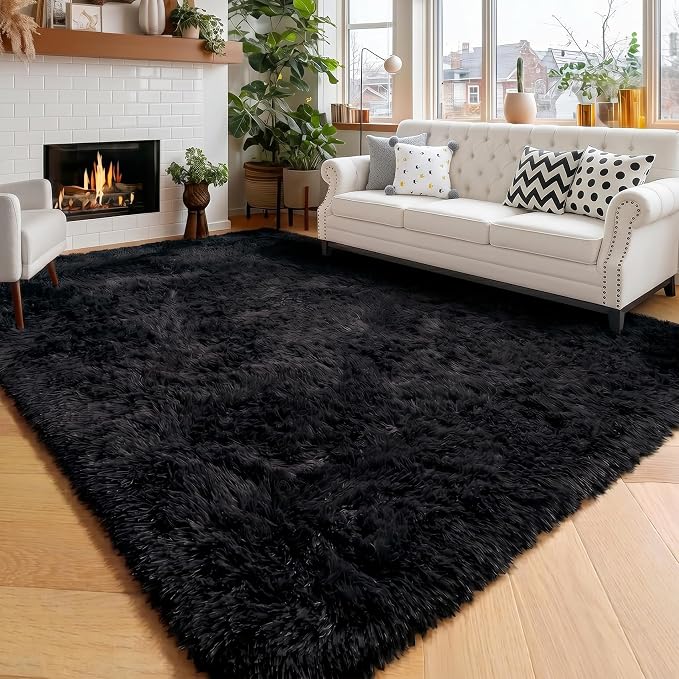 Amdrebio Black Rugs for Bedroom Living Room Decor Aesthetic, Fluffy Shag Furry Area Rugs for Kids, Men, Boys Room, Modern Cool Carpet for Classroom, Apartment, Nursery, Dorm, Office, 4x6 Shaggy Rug