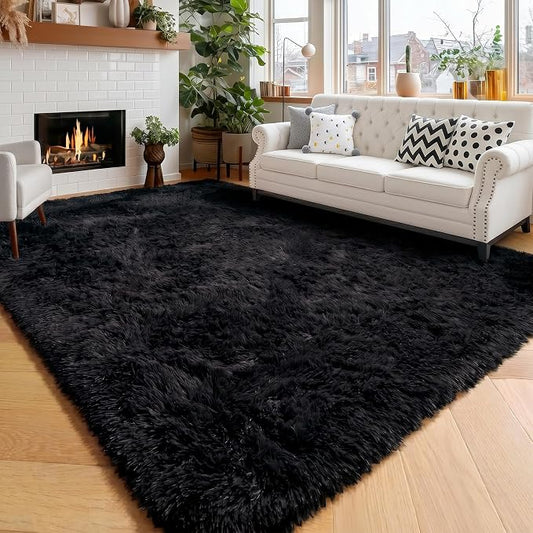 Amdrebio Black Rugs for Bedroom Living Room Decor Aesthetic, Fluffy Shag Furry Area Rugs for Kids, Men, Boys Room, Modern Cool Carpet for Classroom, Apartment, Nursery, Dorm, Office, 4x6 Shaggy Rug