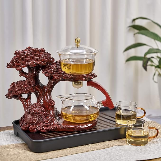 Zurucily Glass Teapot Set with Infuser Semi Automatic Tea Set Magic Teapot (Tree - red)