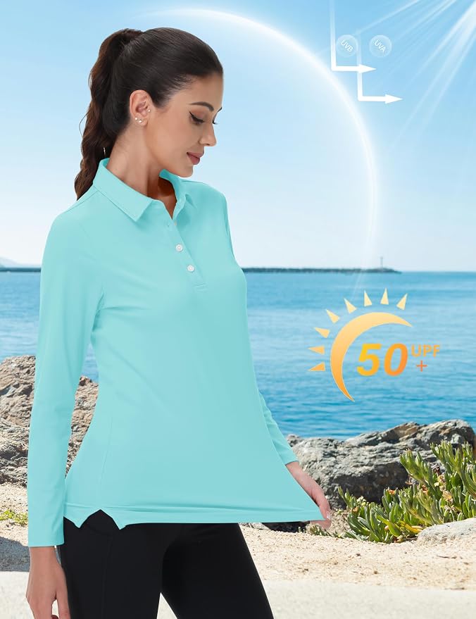 MAGCOMSEN Long Sleeve Polo Shirts for Women Golf Tops with Collar Work | UPF 50+ Sun Protection, 4 Buttons, Moisture Wicking, Breathable, 4-Way Stretch, Collared, Quick Dry, Active, Casual, Tennis