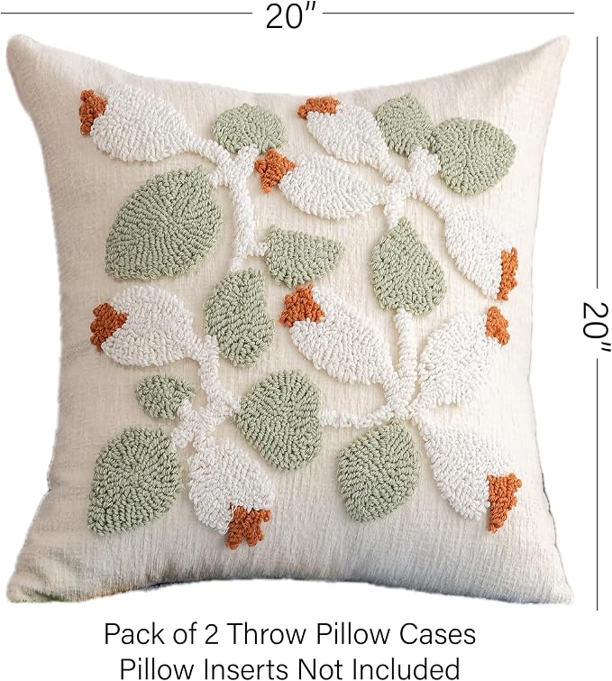 Summer Botanical Throw Pillow Covers 20x20 Inch Set of 2, Chenille Embroidered Pillowcase with 3D Tufted White Floral Vine Sage Green Leaves, Boho Decorative Cushion Covers for Couch Sofa Bed