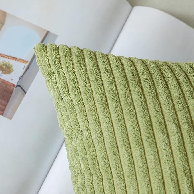 MIULEE Decorative Corduroy Throw Pillow Covers Set of 2 18x18 Grass Green | Soft Striped Textured Cushion Cases, Boho Natural Greenery Pillowcases for Home Decor, for Couch Chair Sofa Bed Living Room