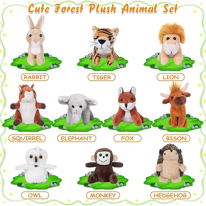 My OLi 10 Pack Plush Wild Animals Toys - 3.5 Inch Jungle Stuffed Animal Bulk Toys for Kids: Tiger Lion Elephant Monkey Hedgehog Rabbit Squirrel Owl Fox Bison