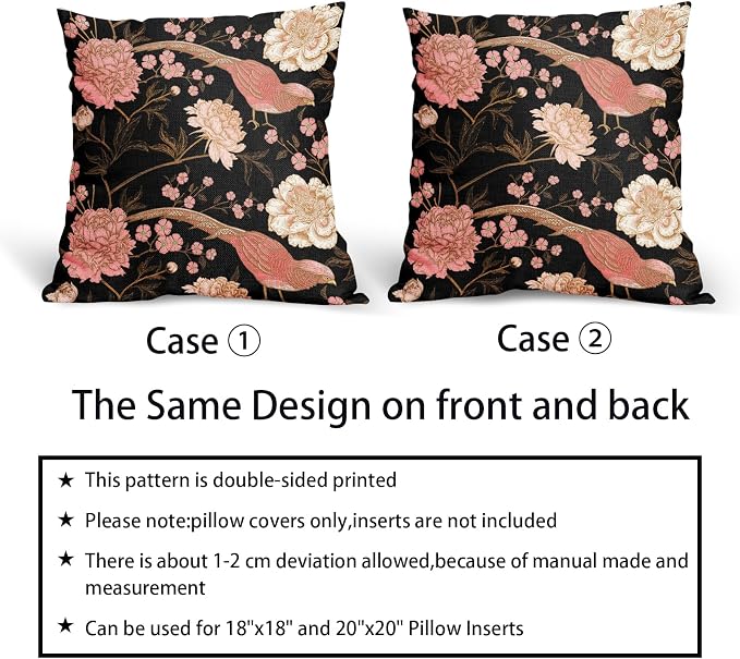 Flowers Birds Leaf Pillow Covers 18X18 Inch Set of 2 Pink White Roses Floral Decorative Pillow Cases Art Retro Black Gold Cotton Linen Cushion Case Vintage Home Decor For Sofa Couch Porch Outdoor