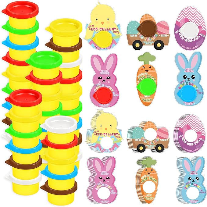 60 Pcs Easter Gifts Include 30 Play-Doh 30 Easter Cardstock for Easter Eggs Hunt Party Supplies Birthday Party Games Favors