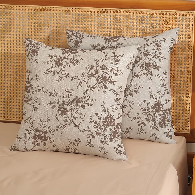 Brown and Cream Flower Pillow Covers 18x18 Set of 2 Chinoiserie Floral Decorative Throw Pillows Vintage Toile Flower Pillowcase Linen Outdoor Farmhouse Cushion Cover for Couch Sofa Decor