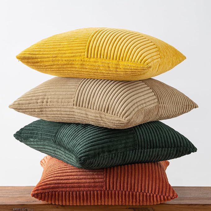 MIULEE Fall Green Rust Throw Pillow Covers 18x18 Inch Set of 4 Boho Farmhouse Soft Corduroy Striped Cushion Cases Decorative Color-Clash Home Decor for Couch Sofa Living Room Bed