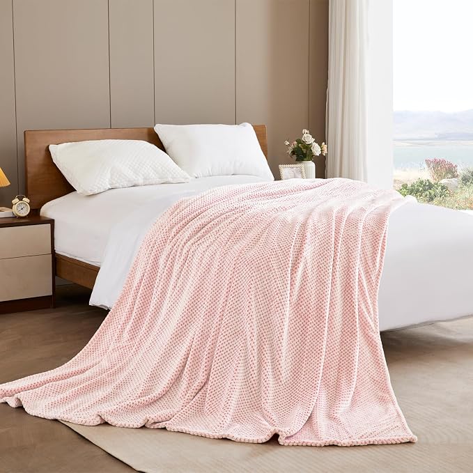 Exclusivo Mezcla Soft Waffle Fleece Bed Blanket Queen Size, Heather Pink | Lightweight Plush Blanket for Bed, Bedroom, Cozy Flannel with Waffle Texture, Stylish Home Decor, All Season, 90x90 Inches