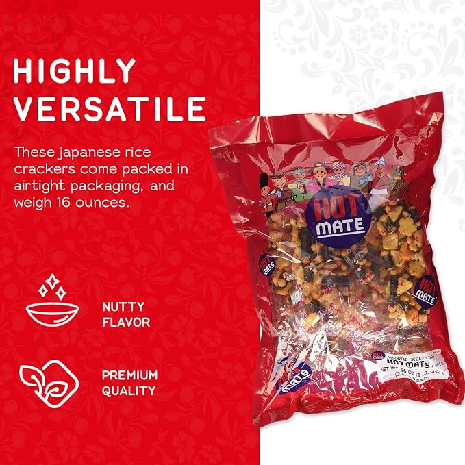 Shirakiku Hot Mate Japanese Rice Cracker | Oriental Asian Arare Rice Crackers with Glutinous Rice, Wasabi Green Peas, and Soy Sauce | Mixed Flavor, 16 oz. (Pack of 1)