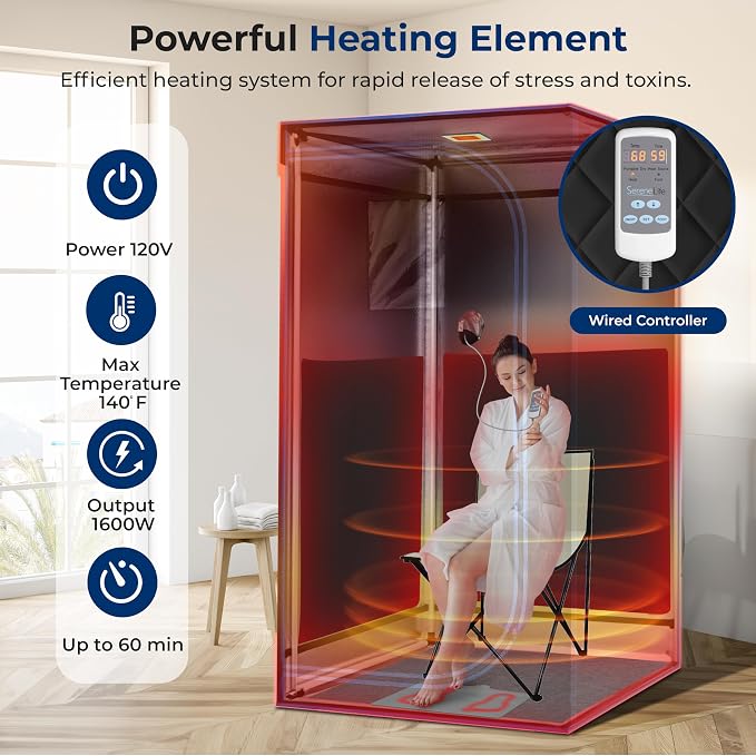 SereneLife Portable Sauna for Home, Infrared Sauna Tent with Heated Foot Pad and Folding Chair, Compact Personal Rejuvenation Sauna, Remote Control in-Home Spa, 35" x 71" - inch (Black)