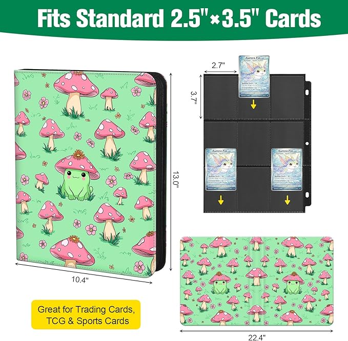 Cute Frog & Mushroom 9-Pocket Trading Card Binder Album, 900 Card Zipper Binder with 50 Removable Sleeves, Refillable 3-Ring Card Book for MTG, TCG and Sports Cards, Fits 2.5" x 3.5" Cards