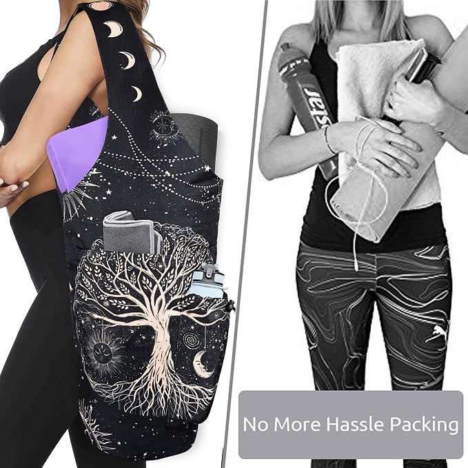 Yoga Mat Bag - Large Opening Long Tote Yoga Mat Carrier Holder Bag with Waterproof Wet Zipper Pocket and Drawstring Water Bottle Pocket - Yoga Bag Fit Most Size Mats