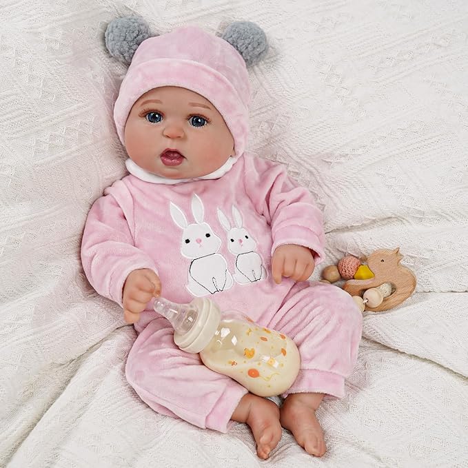 BABESIDE 2 Pcs Reborn Baby Doll Clothes with Hat for 17-22 Inch Babydolls, Cute Bunny Pattern Baby Dolls Outfits Accessories fit Newborn Babydoll Girls, Pink