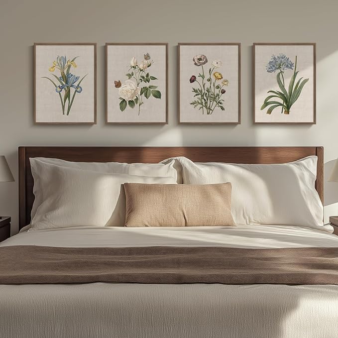Framed Vintage Botanical Floral Wall Art for Bedroom, 4 Piece 11x14 In | Modern farmhouse wall decor, Flower pictures, Rustic retro paintings, Ready to hang canvas prints, Kitchen bedroom home decor