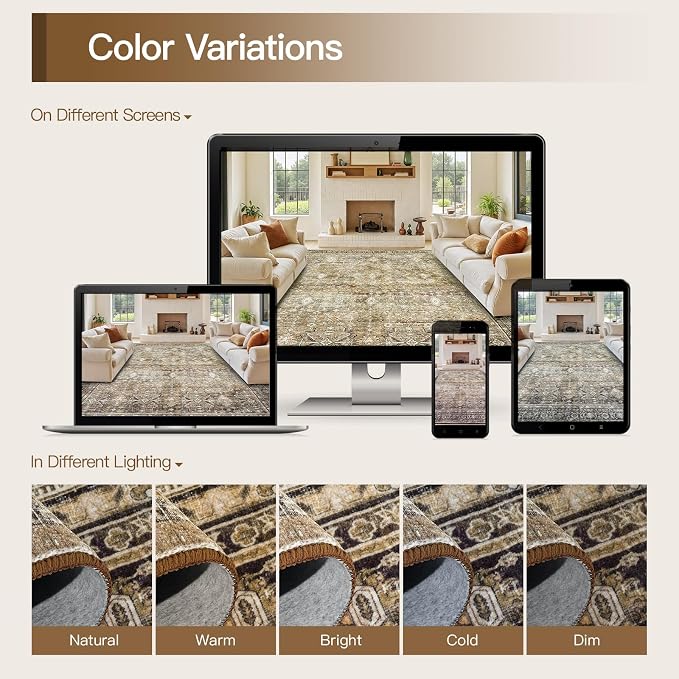 6x9 Area Rugs for Living Room, Non-Slip Washable Brown Vintage Carpet | Soft Area Rugs for Bedroom Dining Room Home Office Indoor Nursery, Stain Resistant, Low Pile, Vintage Distressed Rug