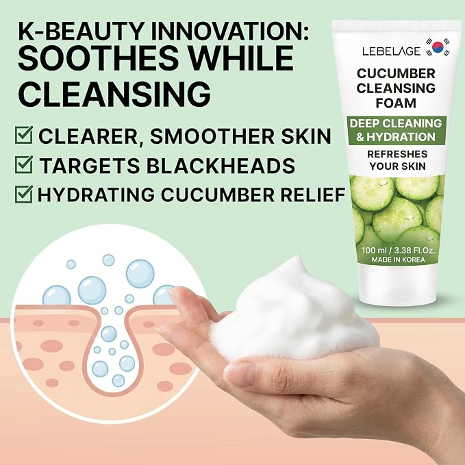 LEBELAGE Korean Cucumber Facial Cleanser 3.38 oz | Cleansing Foam Face Wash | Low pH Gentle Hydrating Daily Facial Cleanser Sensitive Skin | Deep Cleansing Foaming Cleanser, Pore Care-All Skin Types