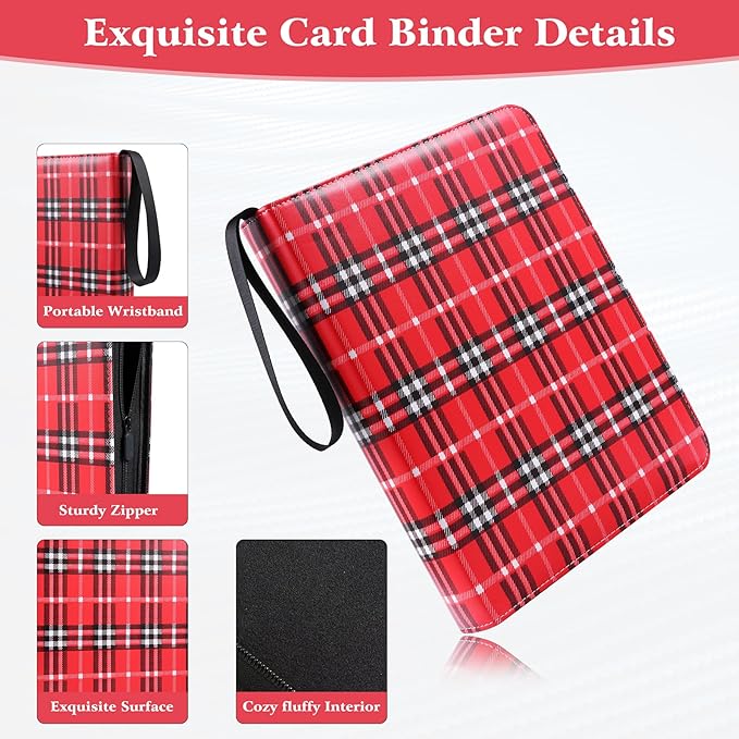WOT I Trading Card Binder, 900 Pockets Baseball Card Binder Sleeves with Zipper, Double Sided Pockets Card Holder Carry Card Case for Baseball Card, Football Card, Scottish Style, Black+Red