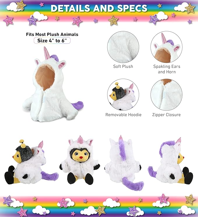 DolliBu Unicorn Dress Up Set for Plush Animal Doll Set - White Unicorn Teddy Bear Costume Accessory, Cute Stuffed Animal Clothes, Perfect Unicorn Teddy Bear Hoodie Plush Toy Clothes for Dolls - Small